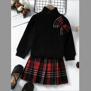 Toddler Girls Bow Front Mock Neck Pullover & Plaid Pleated Skirt 4/5